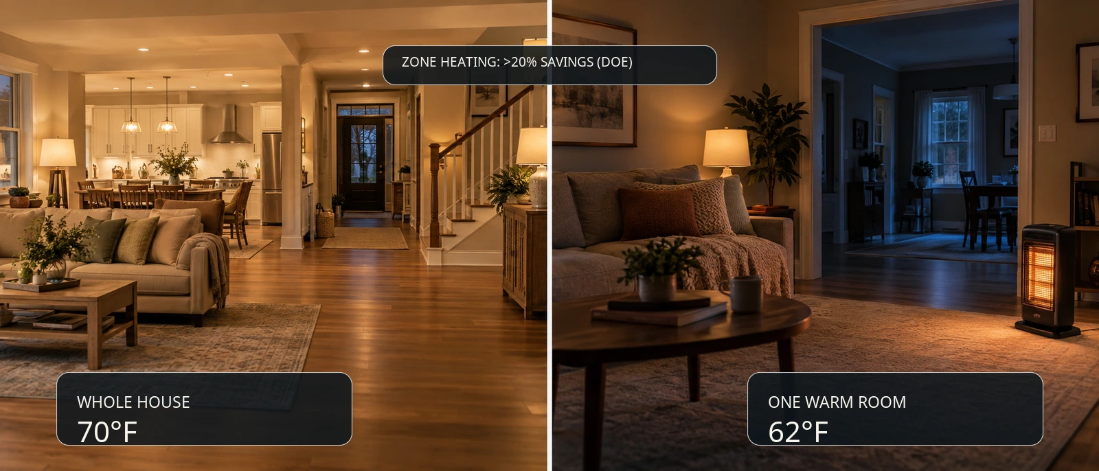 Photographic split scene of whole-house heating versus zone heating one occupied room.