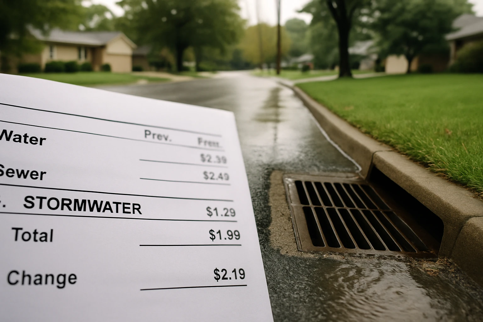 Rainwater flowing along a curb into a street drain