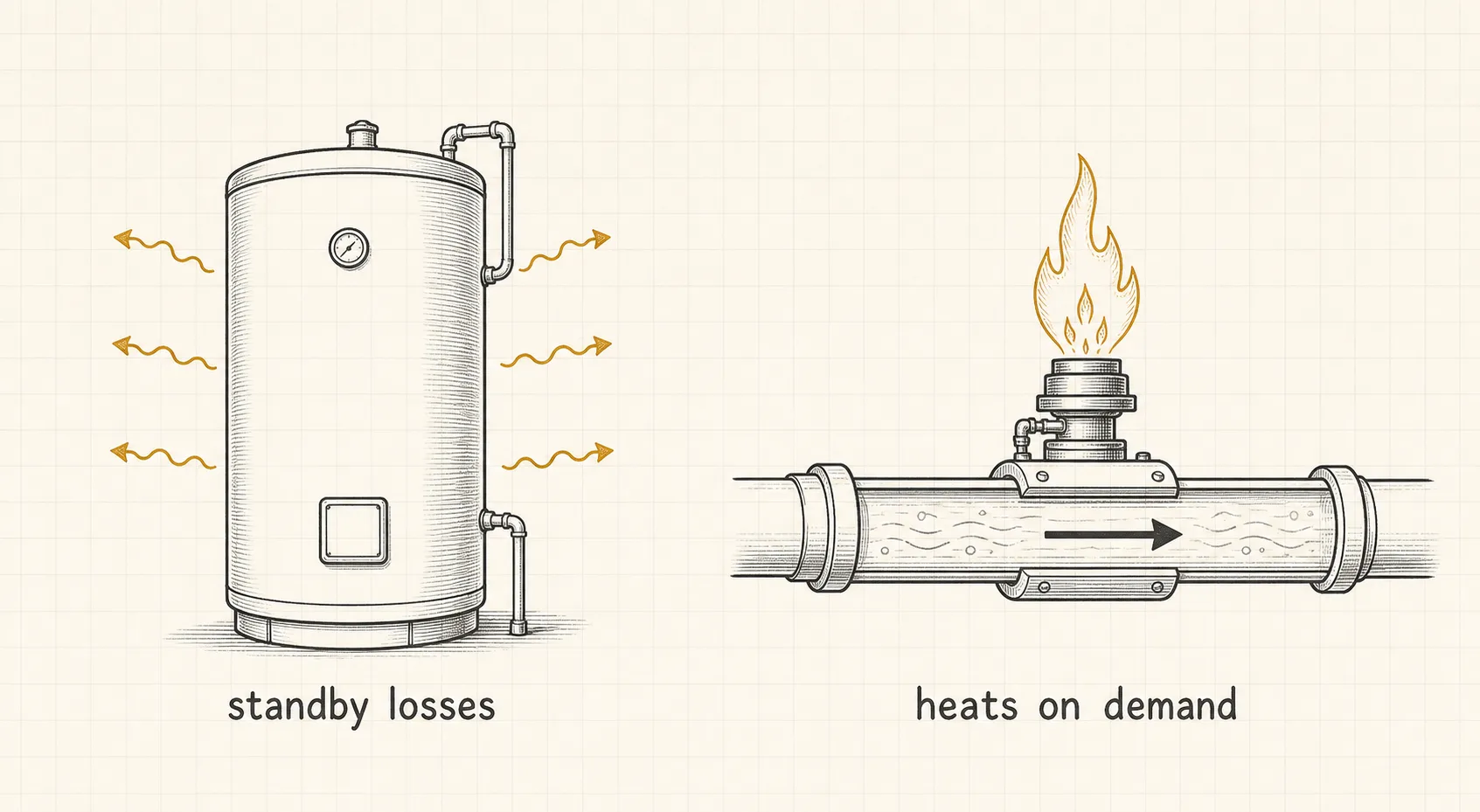 Diagram contrasting a stored tank's constant standby losses with on-demand heating through a pipe.