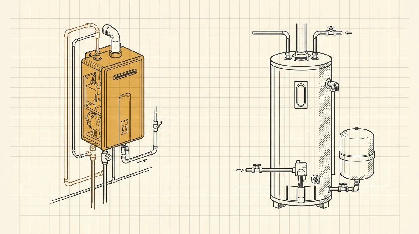 Technical line illustration comparing a compact wall-mounted tankless water heater with a traditional floor-standing tank, in charcoal lines on graph paper with one amber accent on the tankless unit.