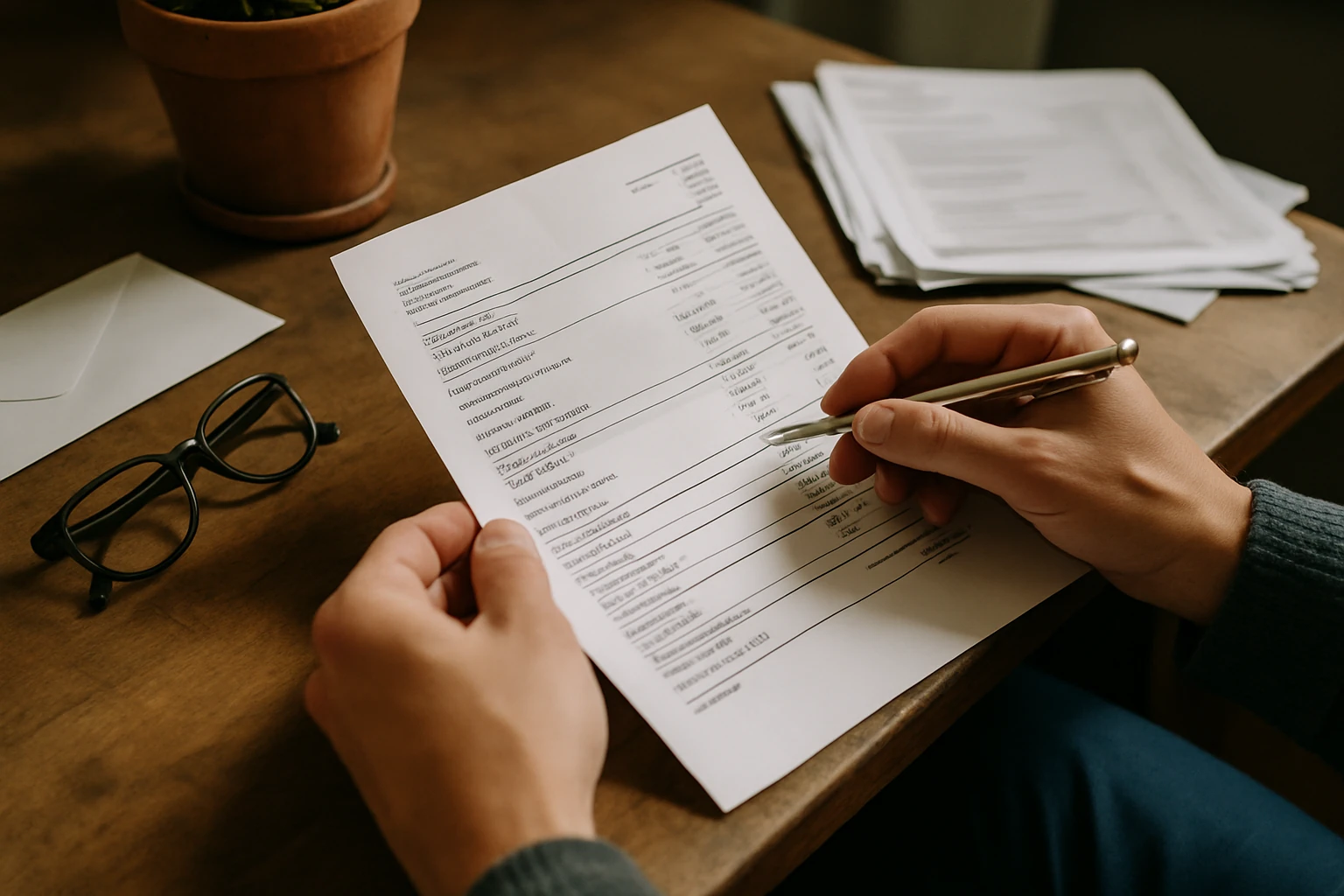 Person holding paperwork and reviewing bill line items