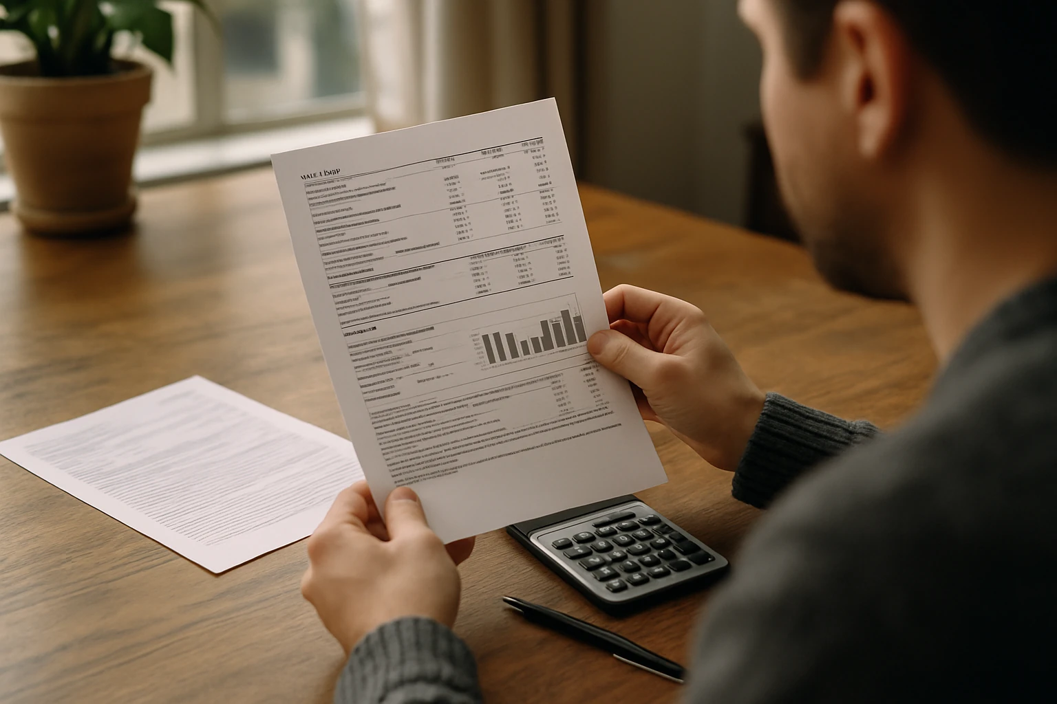 Receipt and pen on a table with city buildings in the background