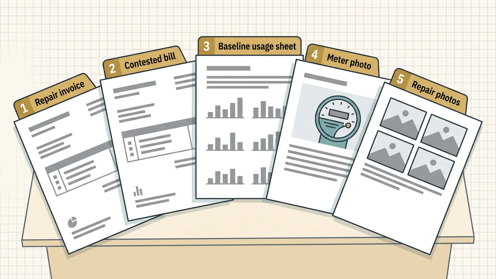 Illustration of the five-document leak-adjustment evidence file: repair invoice, contested bill, baseline usage sheet, meter photo, and repair photos.