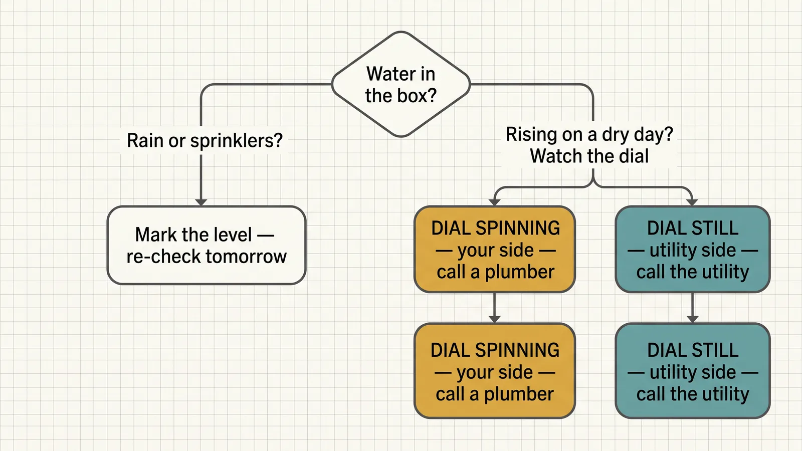 Decision tree diagram for water in a meter box: did it rain or are sprinklers running leads to wait-and-watch, continuous refill with a still meter leads to calling the utility, and a spinning indicator with all fixtures off leads to a private-side leak.