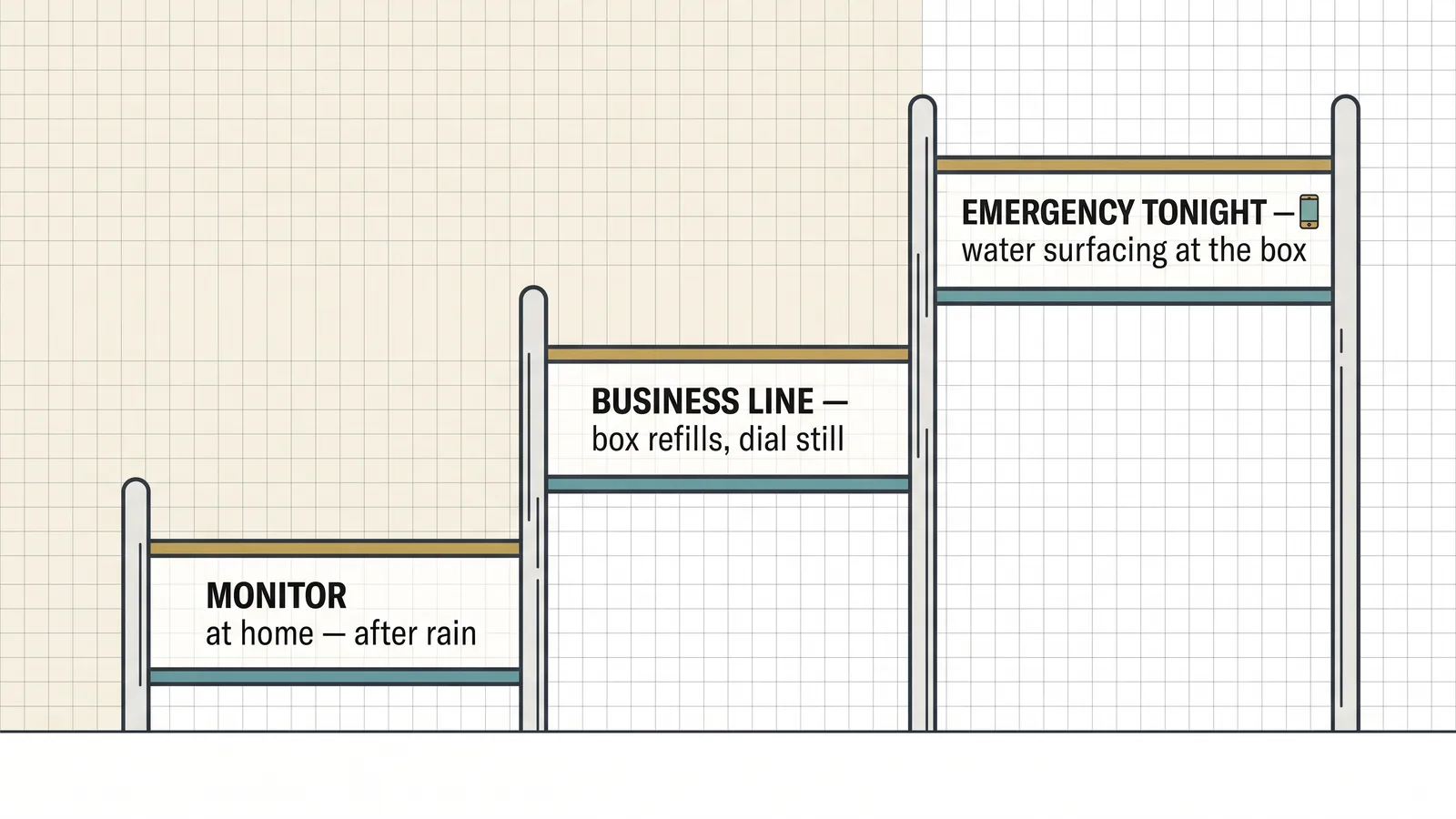 Three-rung urgency ladder for a wet meter box: monitor at home after rain, call the utility business line for a still-meter refill, and call the utility emergency line for water surfacing or flowing at the box.
