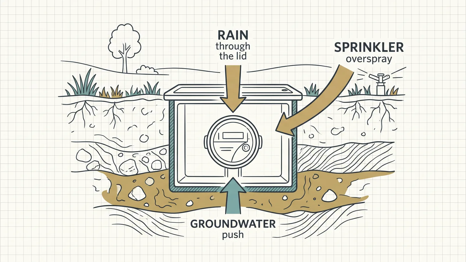 Cutaway illustration of a meter box in soil showing three water-entry paths: rain through the lid, irrigation overspray from a nearby sprinkler head, and groundwater pushing up through saturated soil.