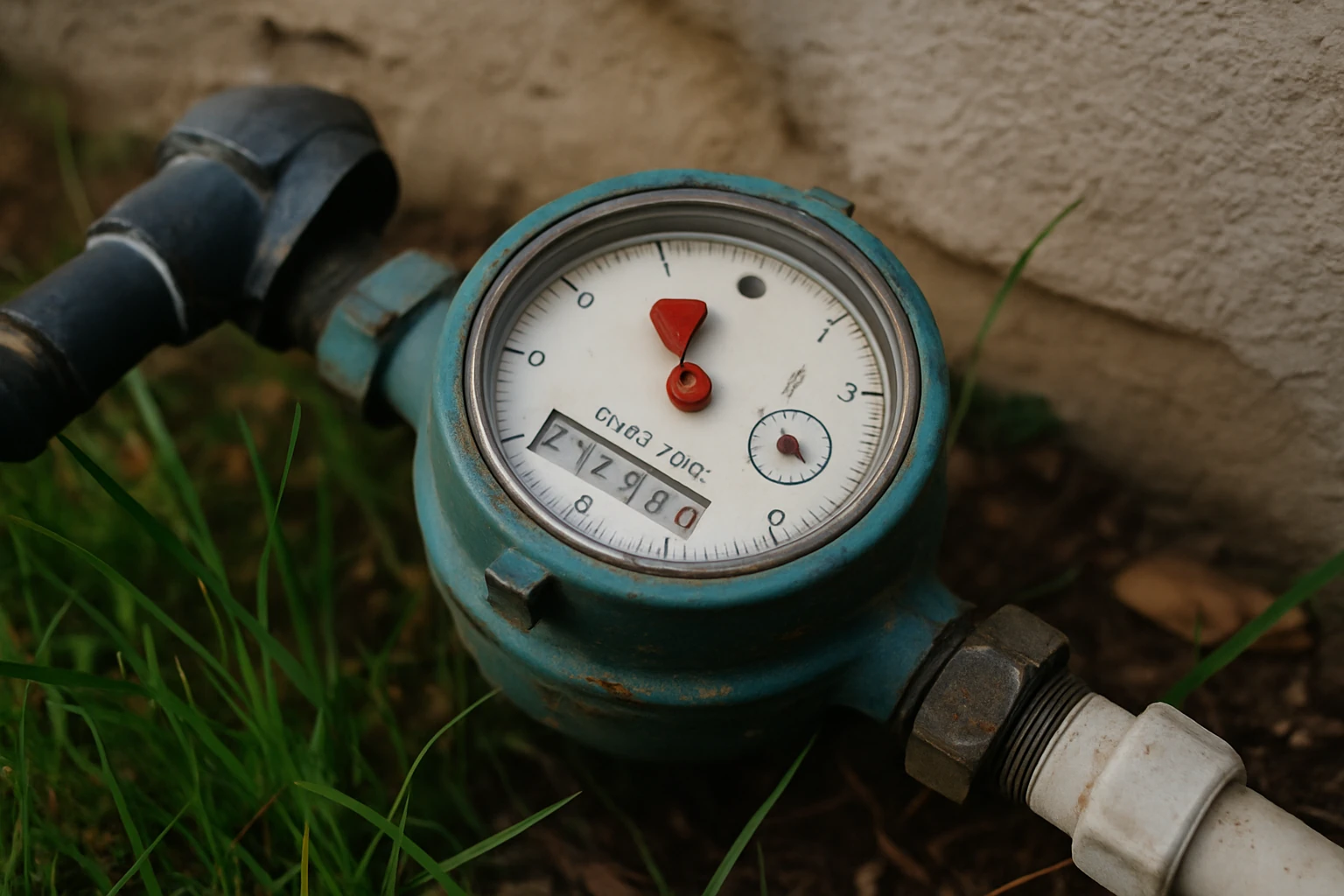 Close-up of a water meter dial under a clear cover
