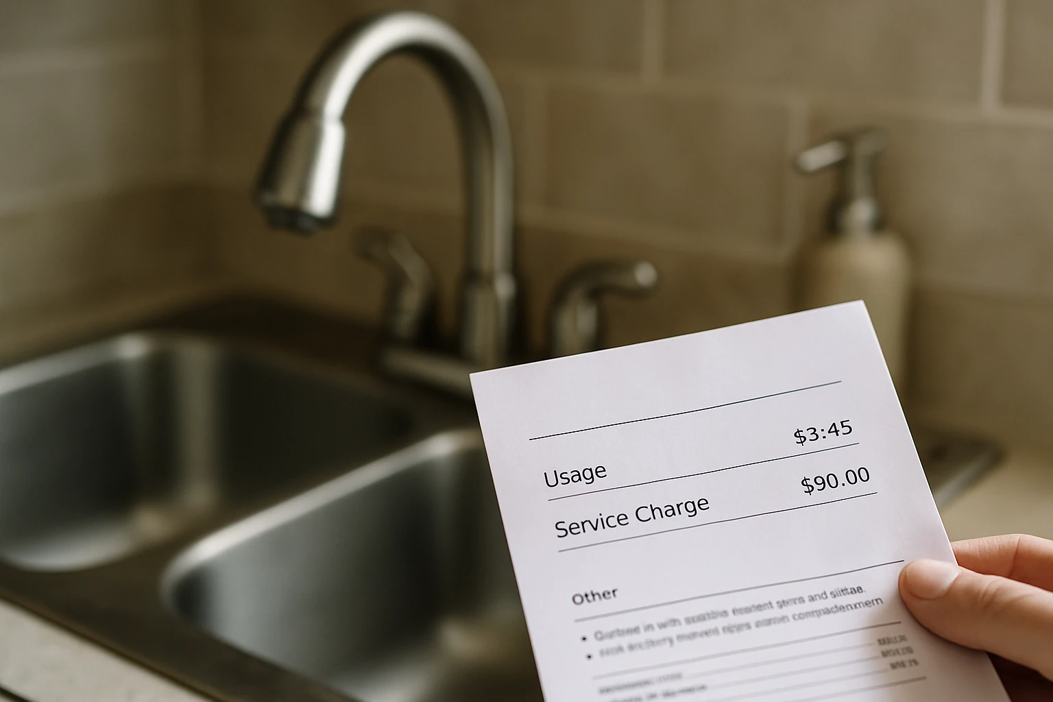 A water bill on a table next to a glass of water