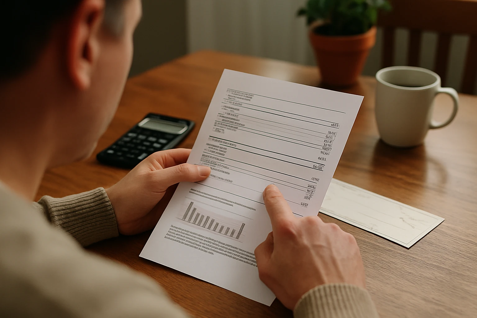 Person reviewing a utility bill at a kitchen table