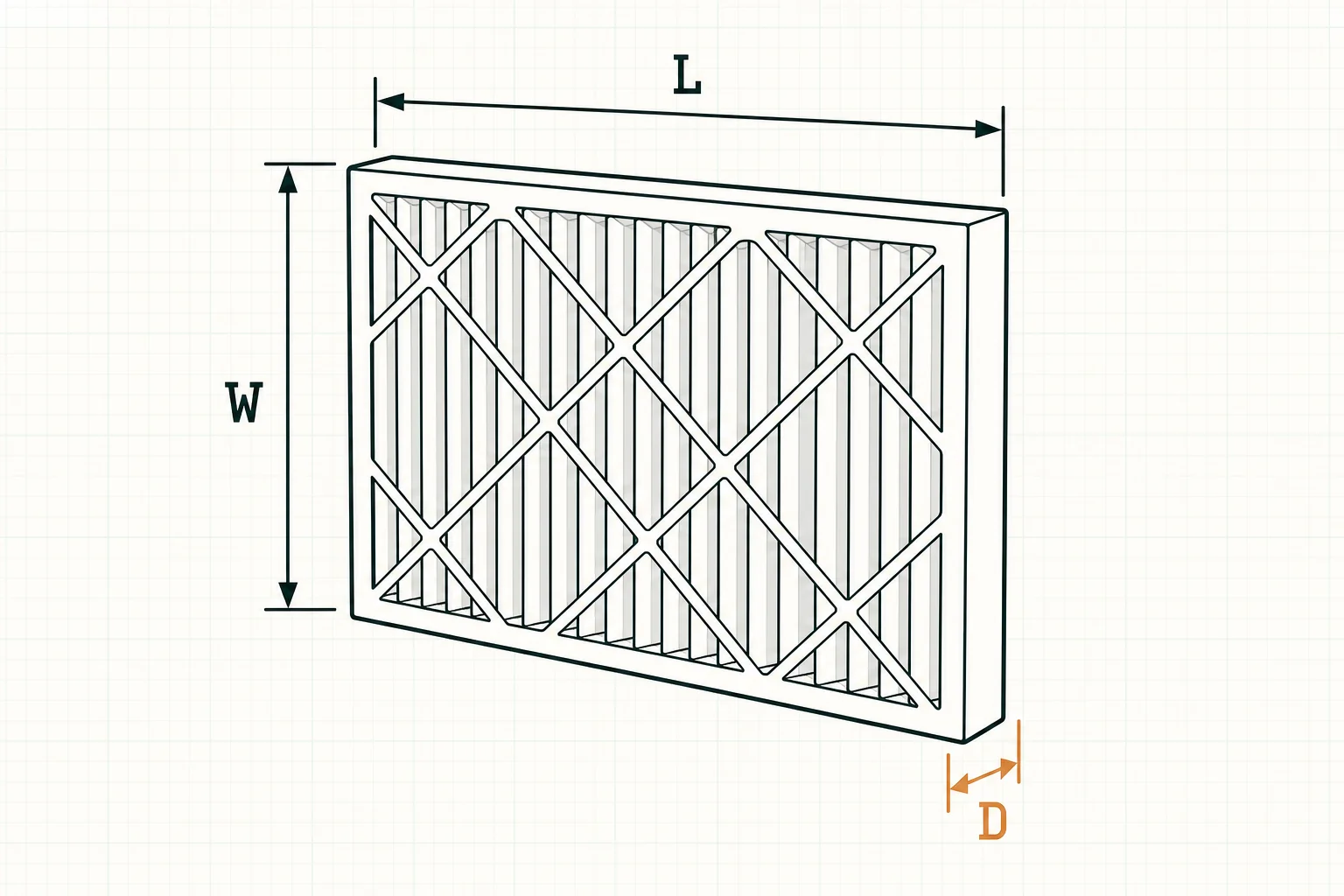 Pleated filter with ruler arrows marking its length, width, and the often-forgotten depth.