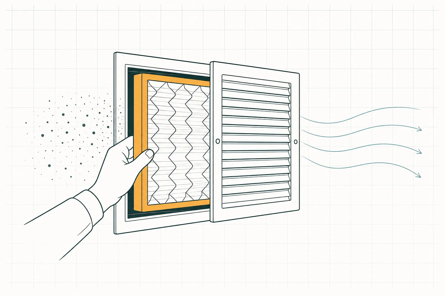 Hand sliding a pleated HVAC filter into a wall return vent with clean-air flow lines drifting into the room.