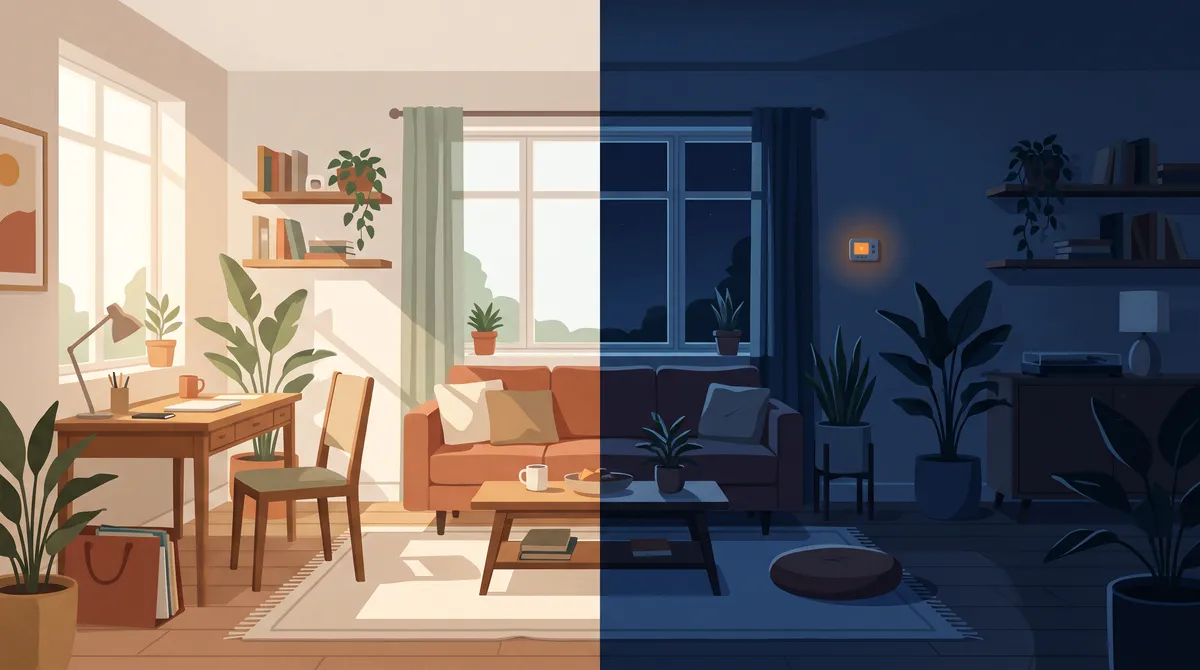 Split illustration of the same room in bright daylight and in blue night tones with a glowing thermostat on the wall.