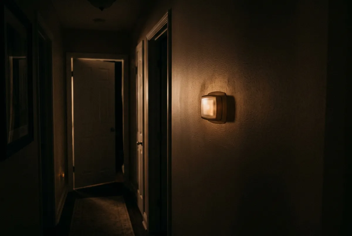 A dark hallway at night with a softly glowing thermostat on the wall.