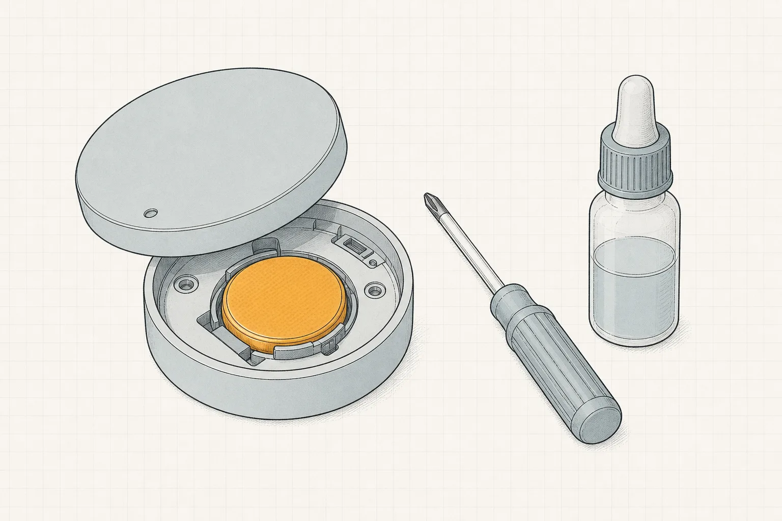 Line illustration of a round sensor with its cover lifted showing a coin-cell battery, beside a small screwdriver.