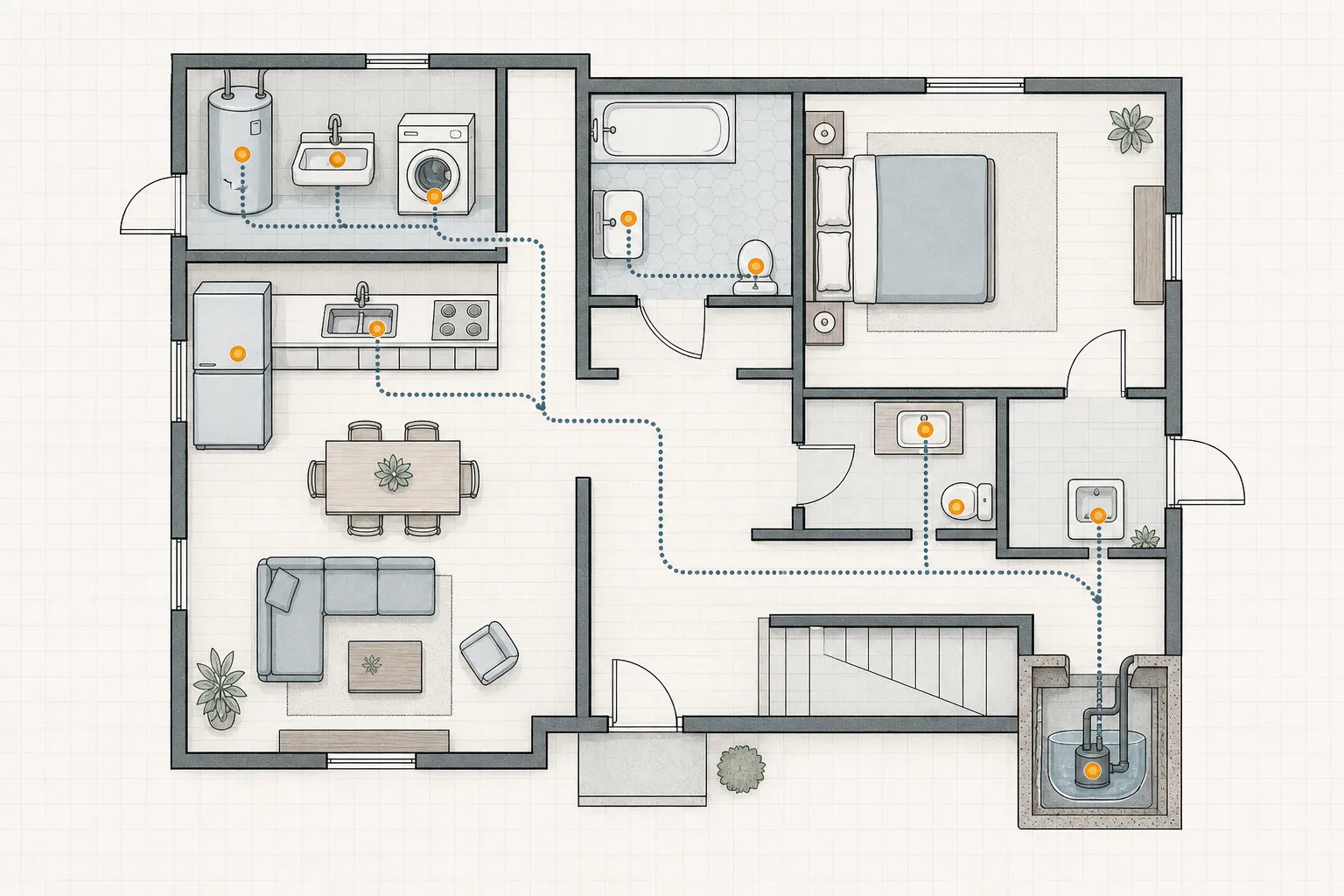 Top-down line illustration of a house floor plan with plumbing fixtures and amber dots marking sensor positions at each hazard spot.