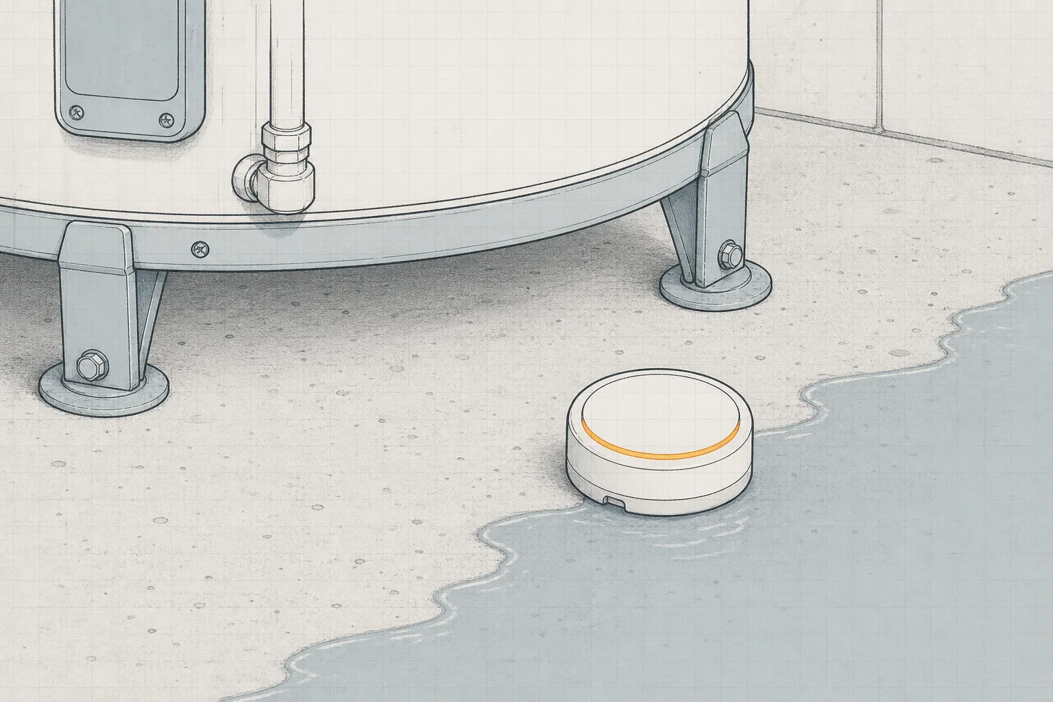Line illustration of a round puck sensor lying flat on a concrete floor beside water heater legs, a thin sheen of water creeping toward the sensor.