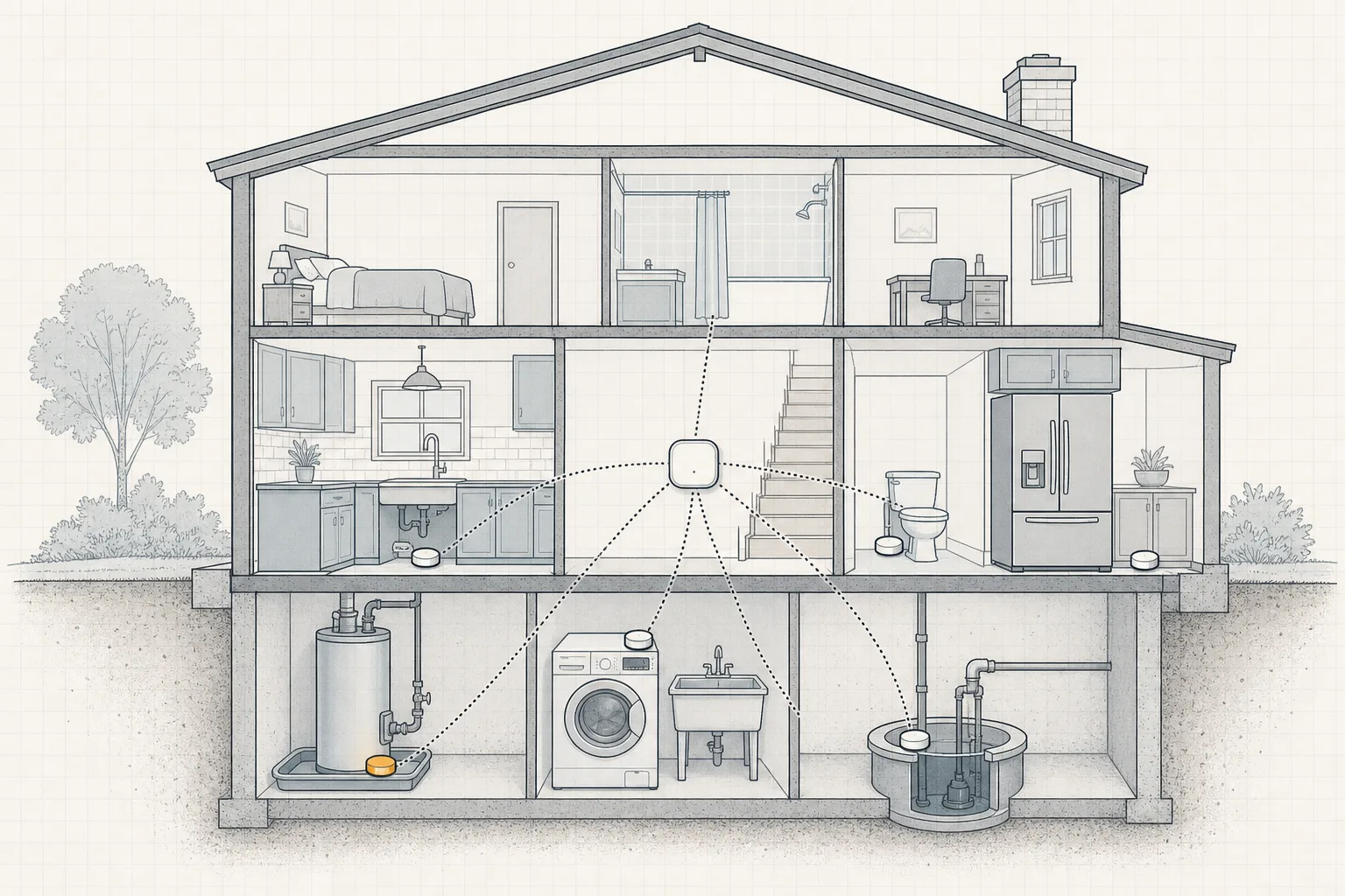 Technical line illustration of a house cross-section with small round leak sensors placed at a water heater, washing machine, sink, toilet, sump pit, and refrigerator line, in charcoal lines on graph paper with one amber accent.