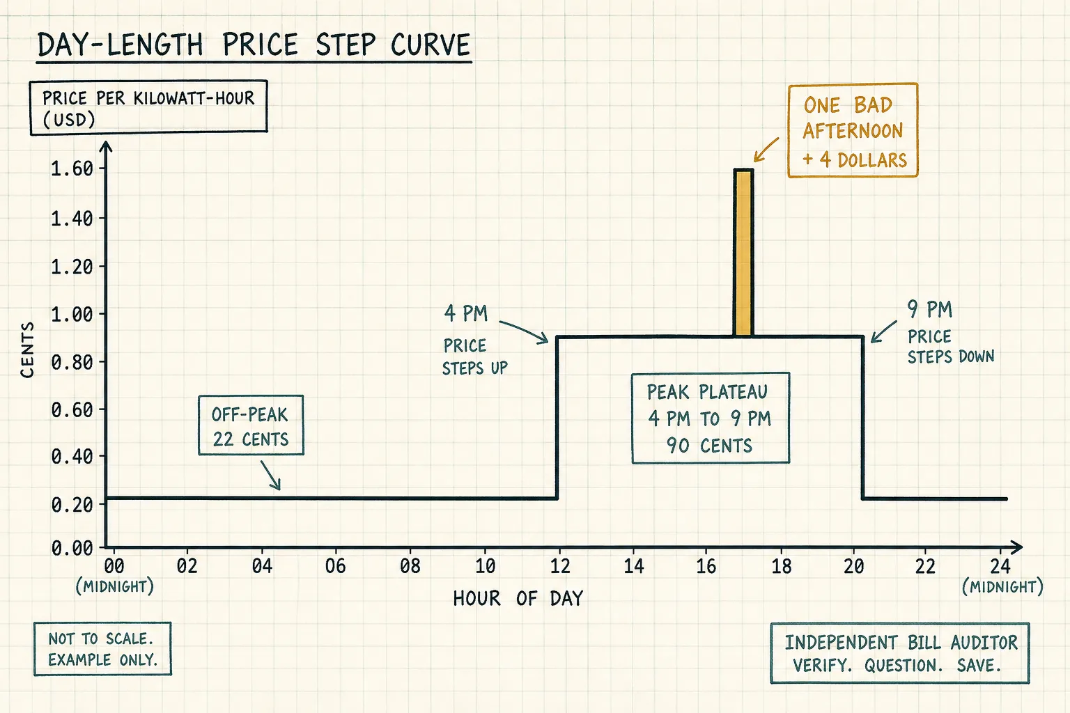 Illustrative day-long price curve: electricity stays cheap overnight at about 22 cents per kWh, then one afternoon peak window multiplies the price several times over, erasing much of a month's careful shifting.