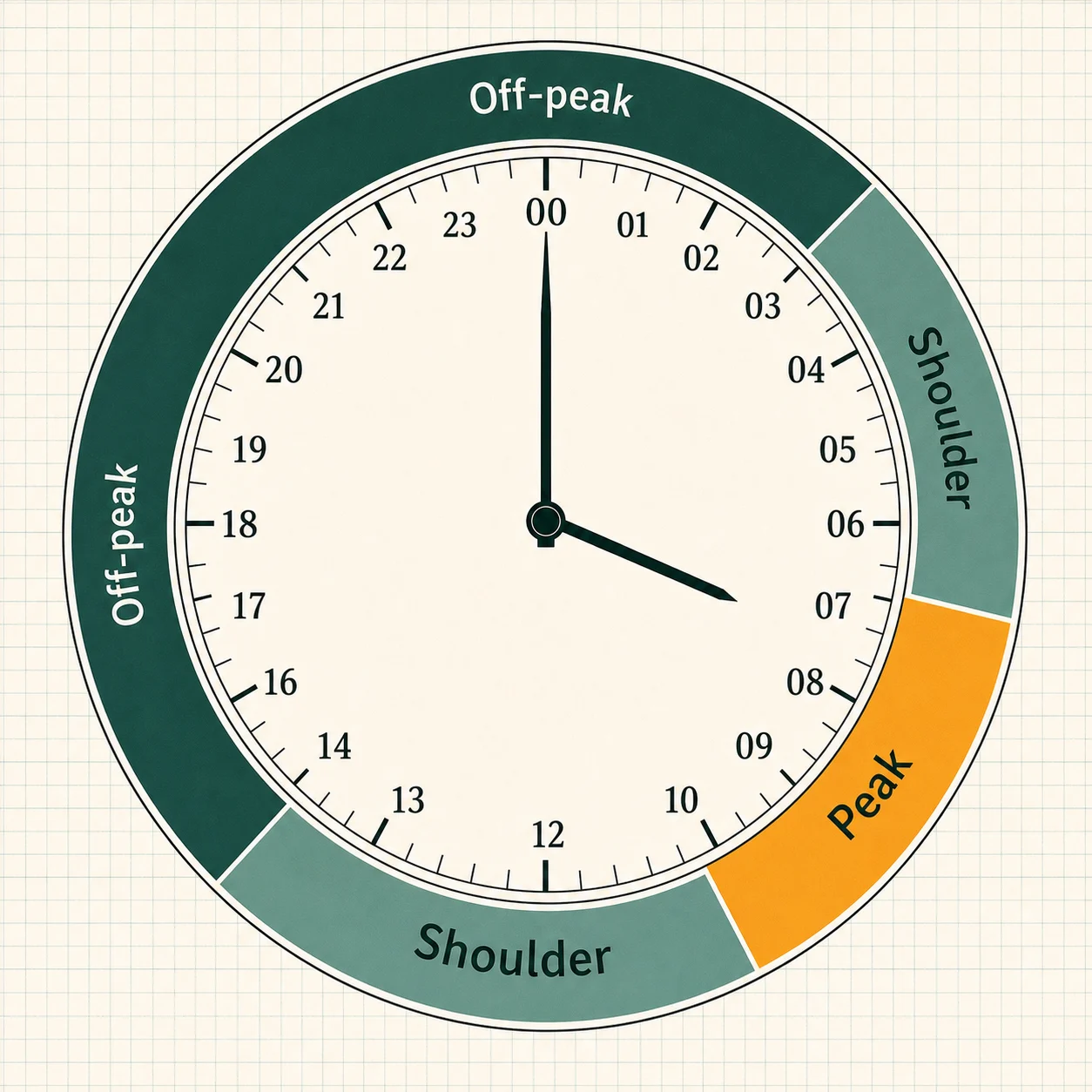 Twenty-four-hour time-of-use clock with off-peak, shoulder, and peak periods identified.