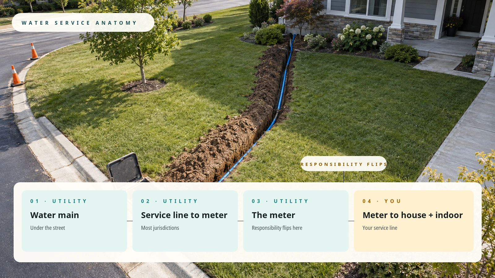 Photograph of a residential service-line trench running from a curbside meter to a house, overlaid with the four water-service segments and the point where responsibility flips from utility to homeowner.