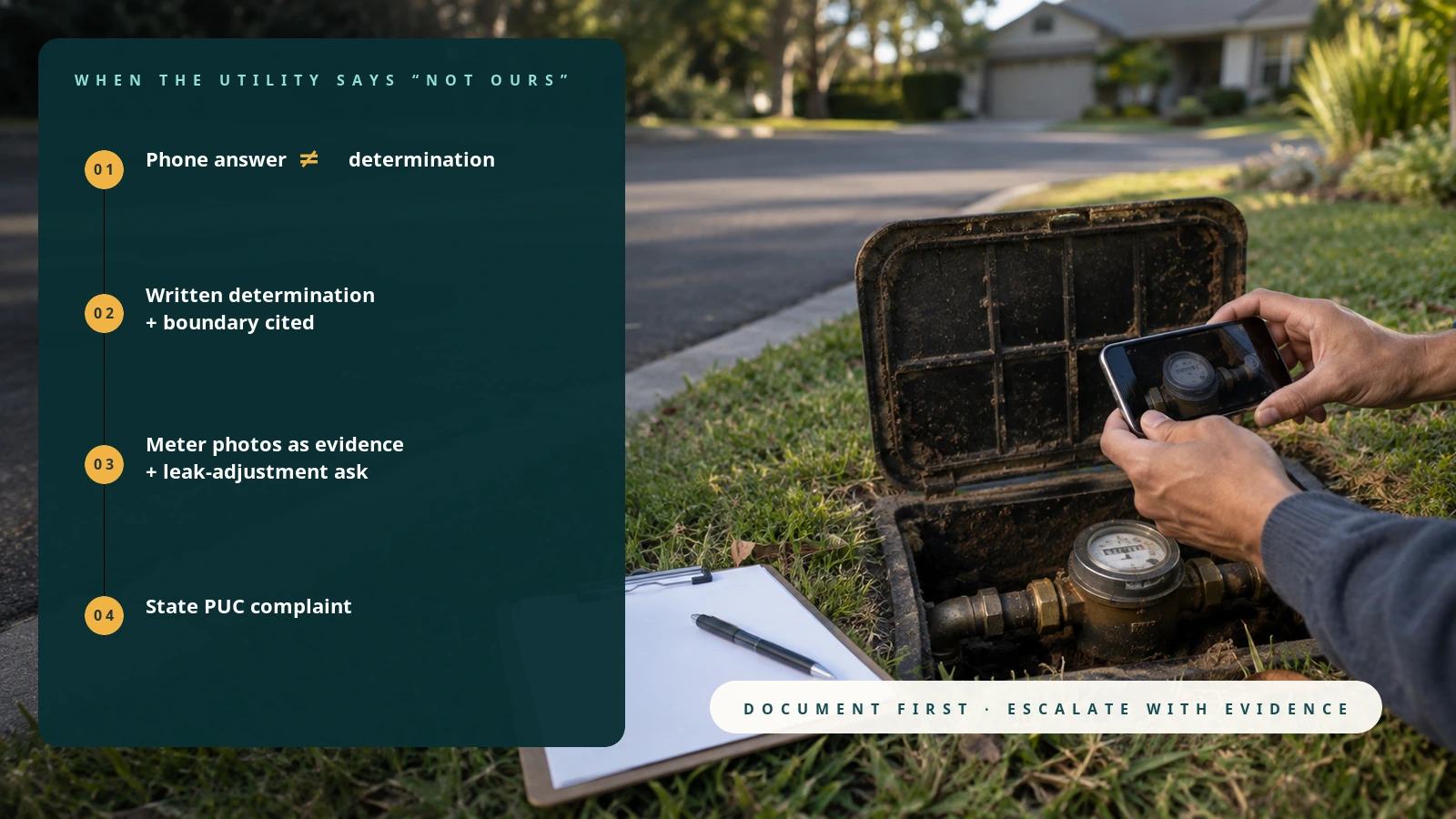 Photograph of a homeowner documenting an open curbside water meter with a smartphone, overlaid with a four-step escalation path from phone answer to state PUC complaint.