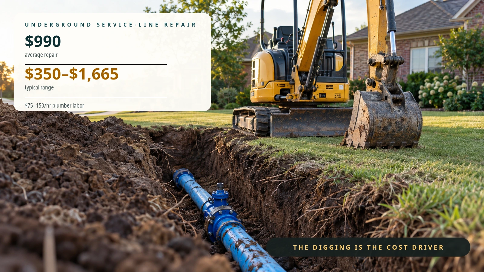 Photograph of a compact excavator beside an exposed underground water service line, overlaid with a 990 dollar average repair cost, a 350 to 1,665 dollar typical range, and 75 to 150 dollars per hour plumber labor.