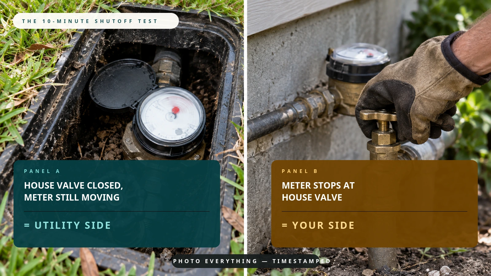 Photographic two-panel water-meter and shutoff-valve test: a meter still moving with the house valve closed points to the utility side, while a meter stopping at the house valve points to the homeowner side.
