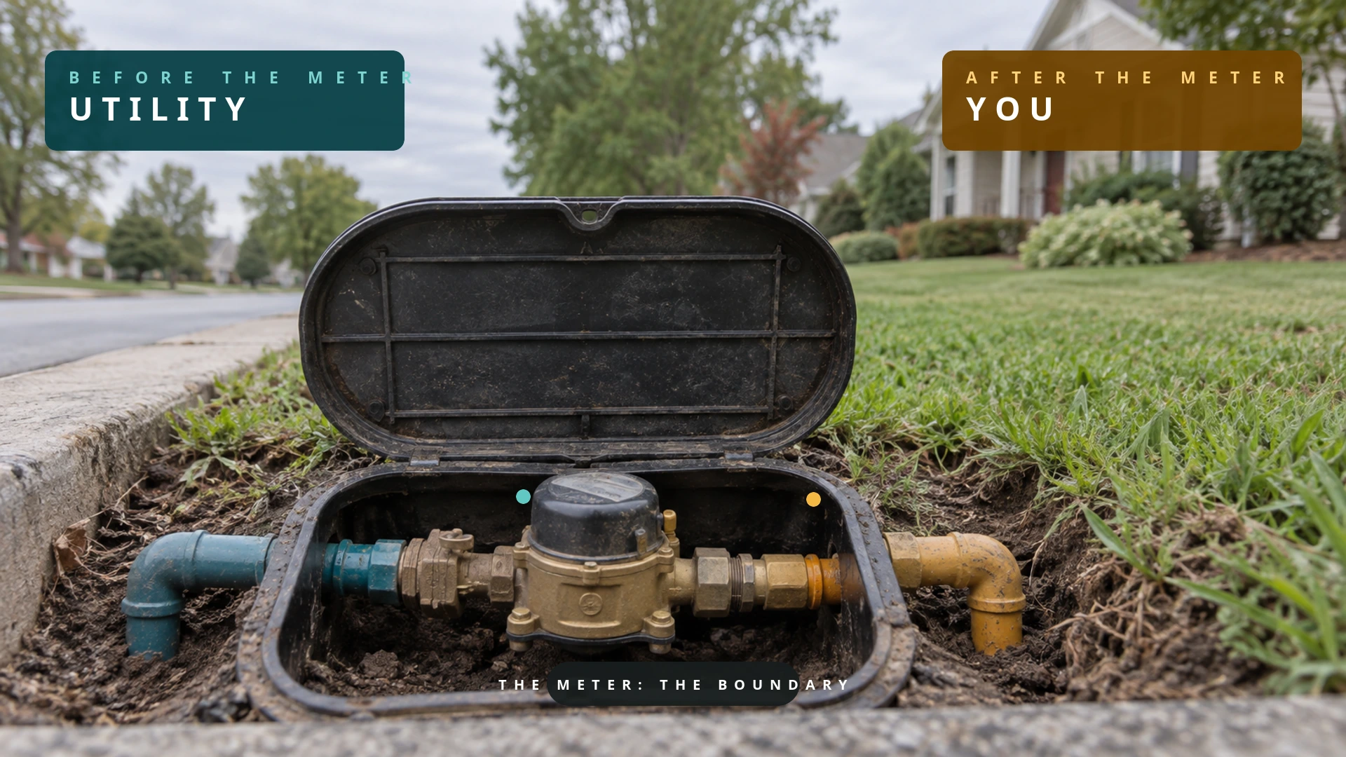 Editorial photograph of a water meter box at the property line with the utility-side pipe and the homeowner-side pipe labeled.