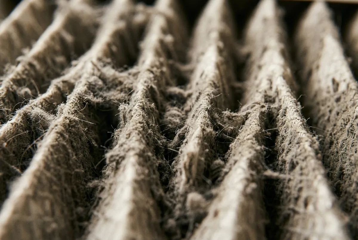 Macro view of a pleated furnace filter densely packed with gray dust and lint.