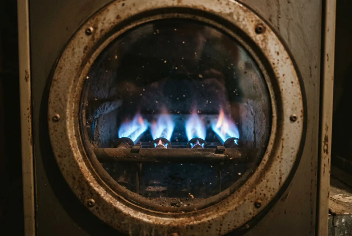 Blue gas burner flames viewed through a furnace inspection window.