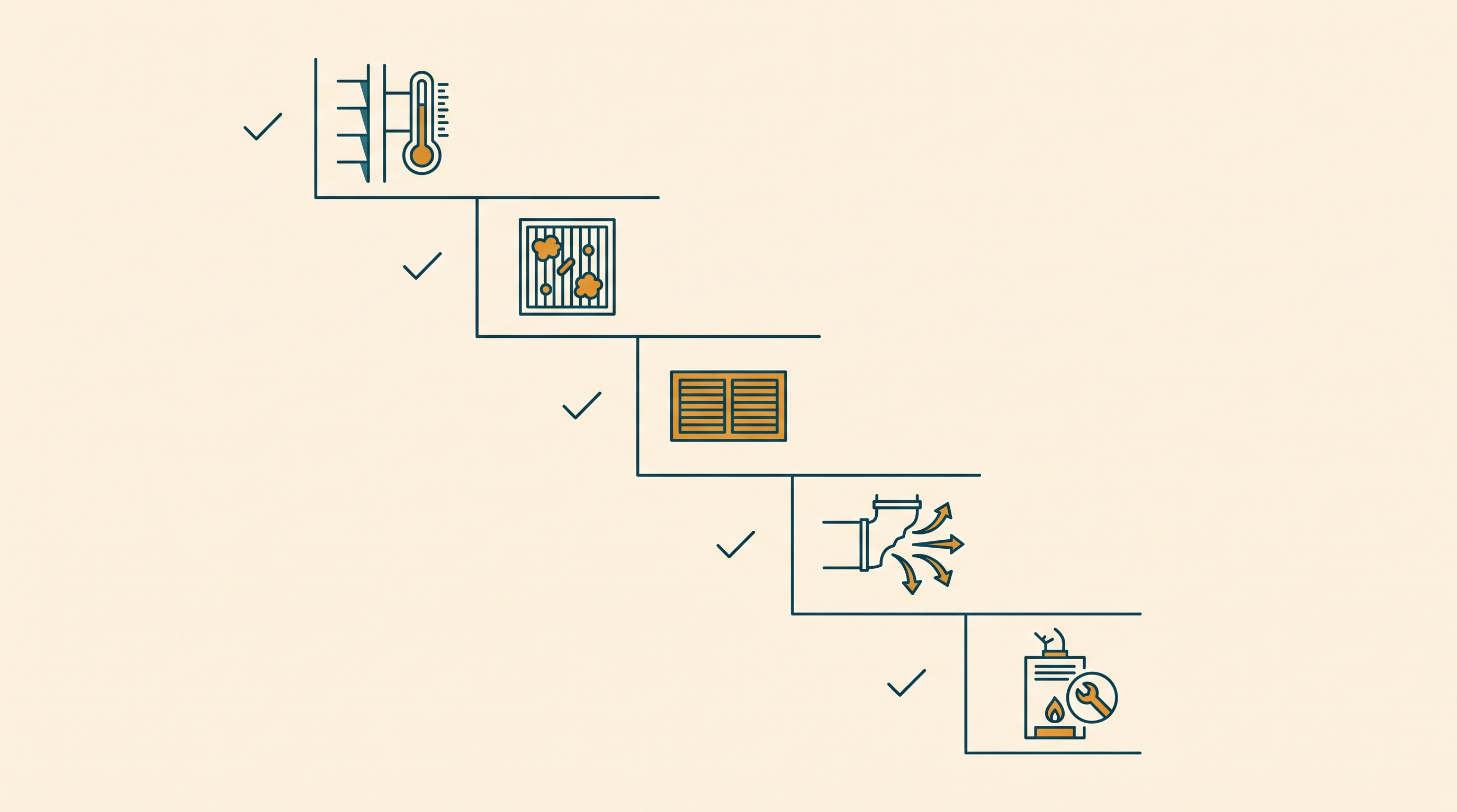 The five causes of a constantly running furnace as a descending checklist: thermostat placement, clogged filter, closed registers, duct leakage, and furnace sizing or age.