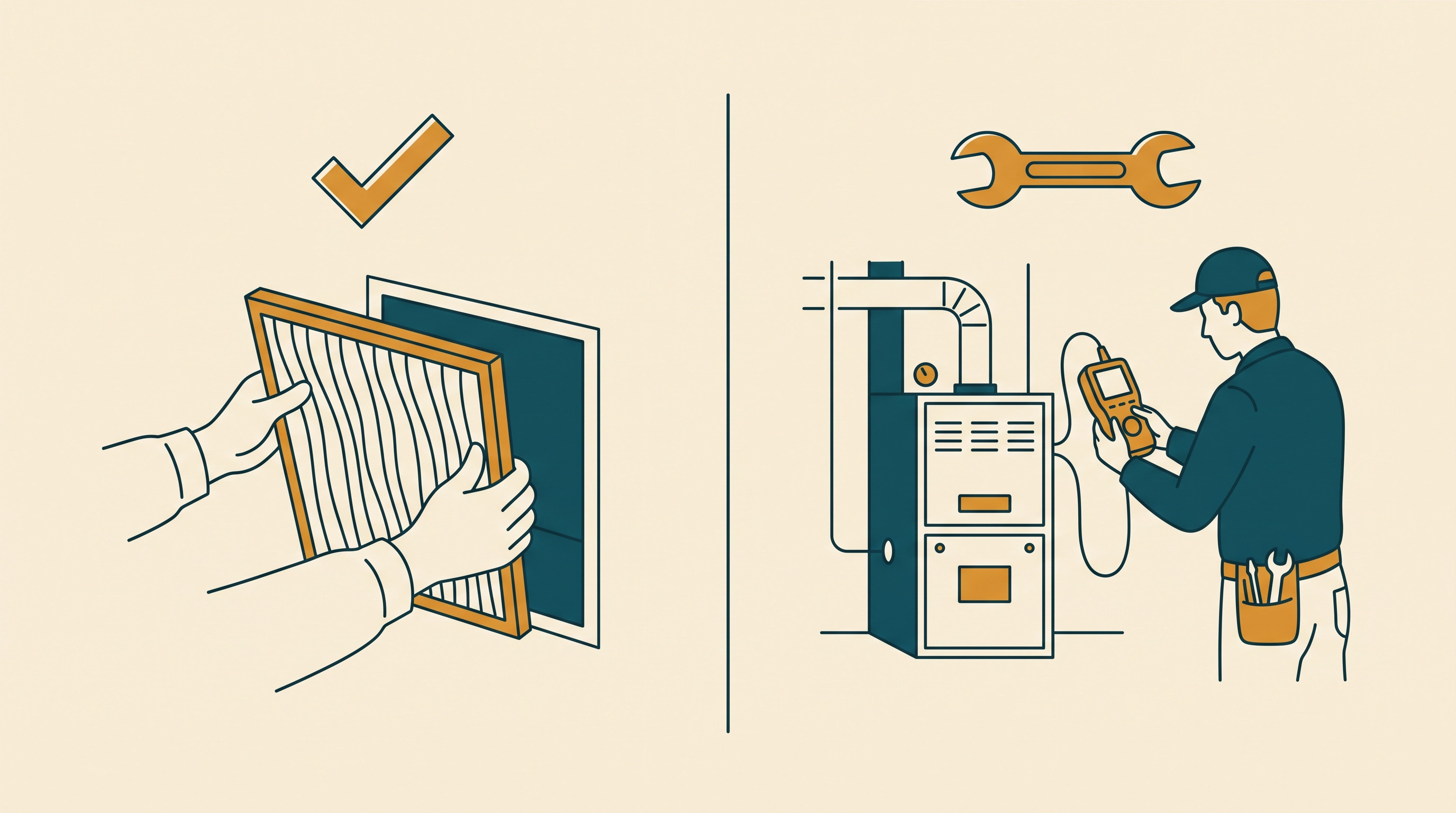 Split decision panel: homeowner replacing a furnace filter on the DIY side, technician with a combustion analyzer on the professional side.