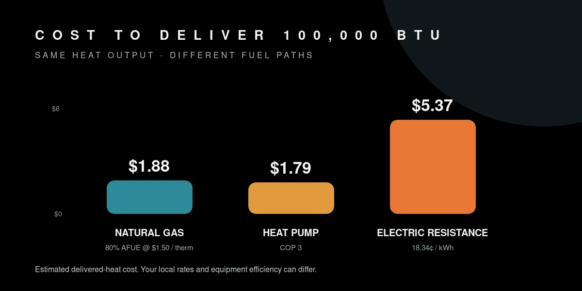 Bar chart comparing the cost of 100,000 BTUs across Natural Gas, Heat Pump, and Electric Resistance.