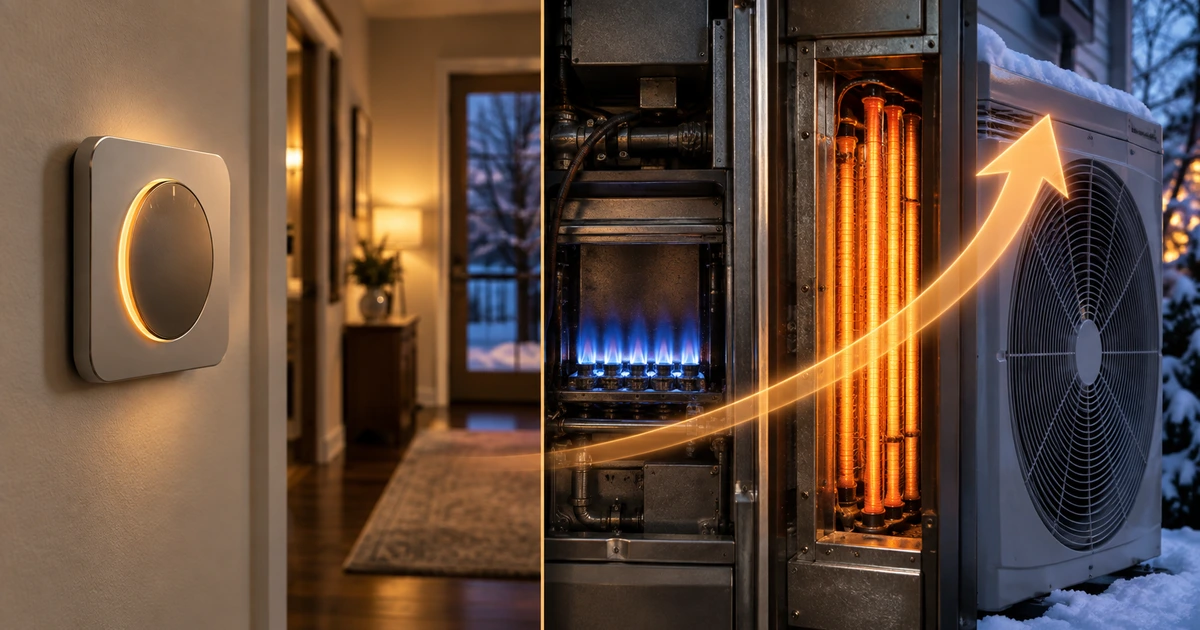 A split-screen editorial photograph showing a thermostat on one side and various fuel sources—a gas flame, an electric coil, and a heat pump fan—on the other, with a rising cost arrow.
