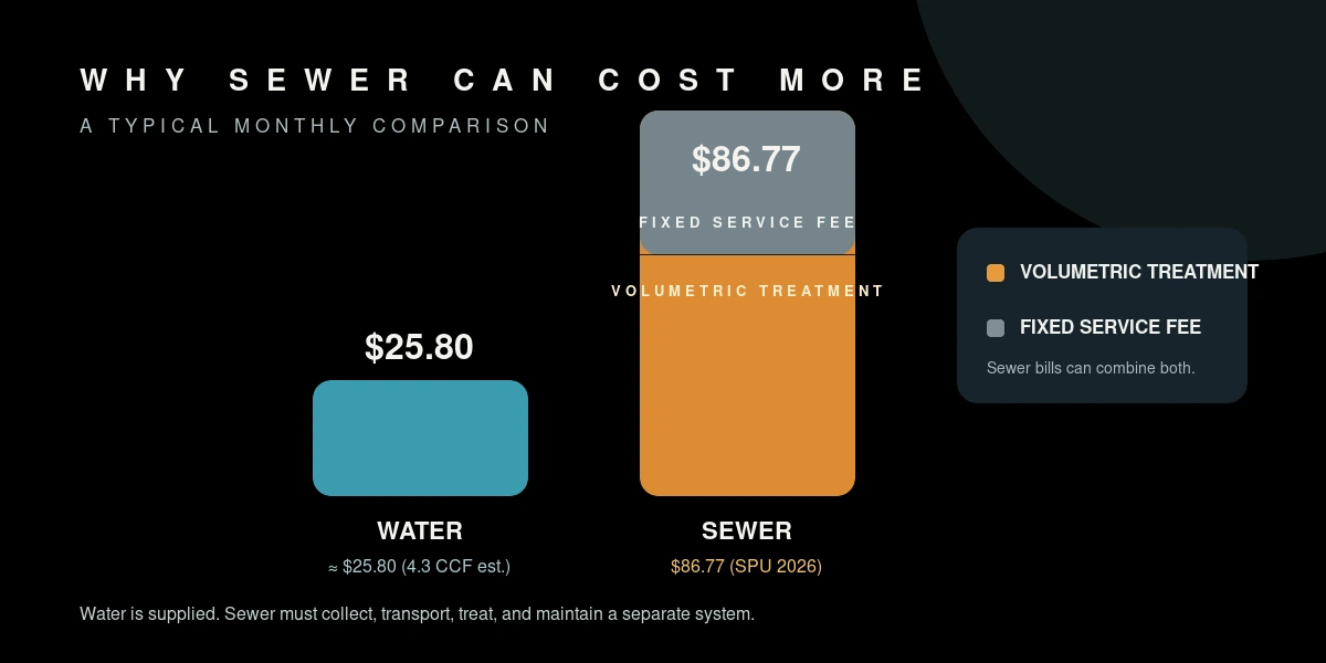 A bar chart comparing a typical water bill of $40 with a sewer bill of $86.77, showing the breakdown of volumetric charges vs fixed service fees.