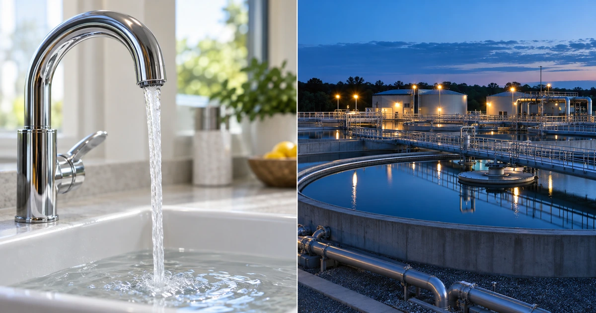 A split-screen editorial photograph: the left side shows clean water flowing from a tap, the right side shows a complex wastewater treatment facility, highlighting the difference in infrastructure scale.
