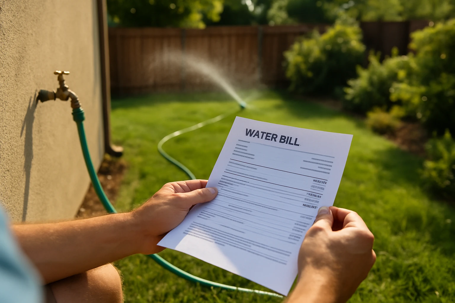 Water sprinklers watering grass on a hot summer day