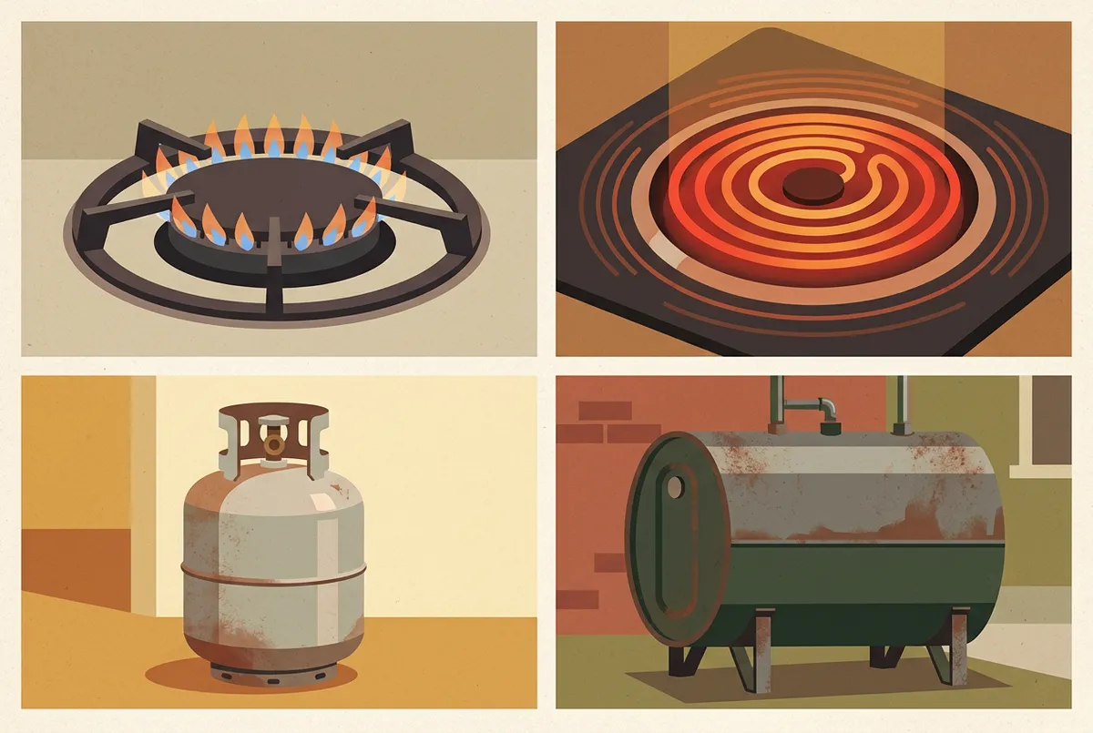 Flat four-panel illustration of a gas flame, electric coil, propane tank, and oil tank.