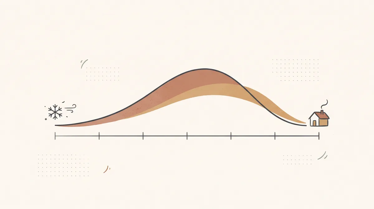 Flat illustration of a rising-and-falling cost curve across a five-month winter timeline.