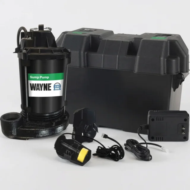 Illustrative battery backup sump pump system with battery box