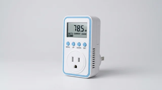 Illustrative plug-in pass-through electricity meter with LCD display