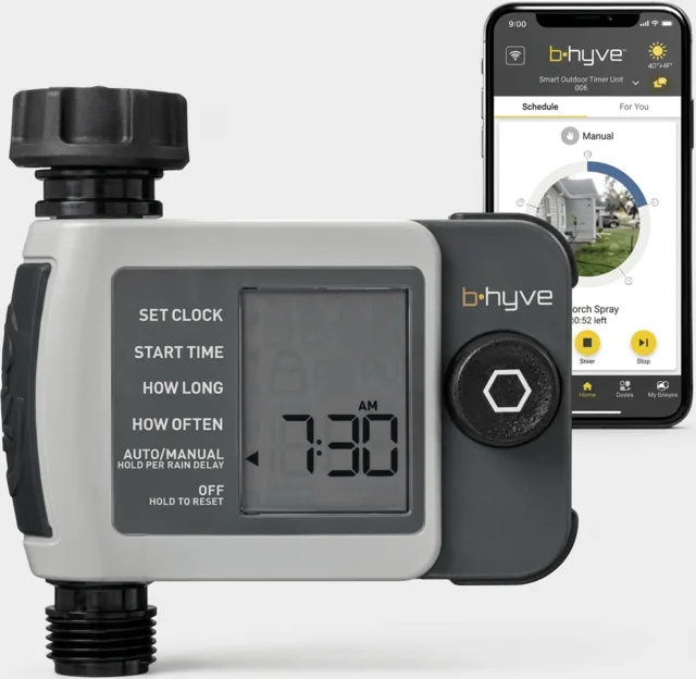Illustrative smart hose faucet timer with dial and brass connector
