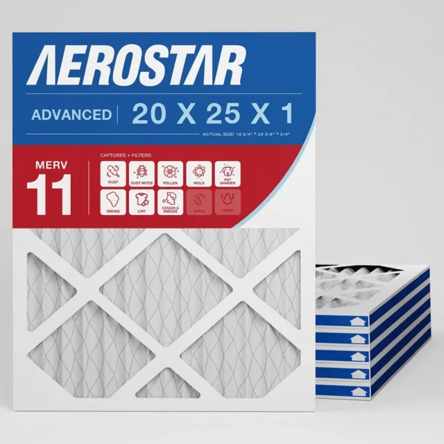 Illustrative six-pack of pleated MERV 11 furnace filters