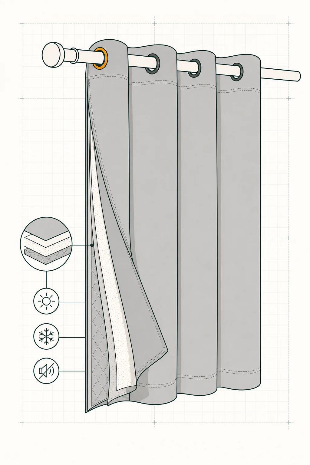 Illustrative thermal insulated curtain panels on a rod