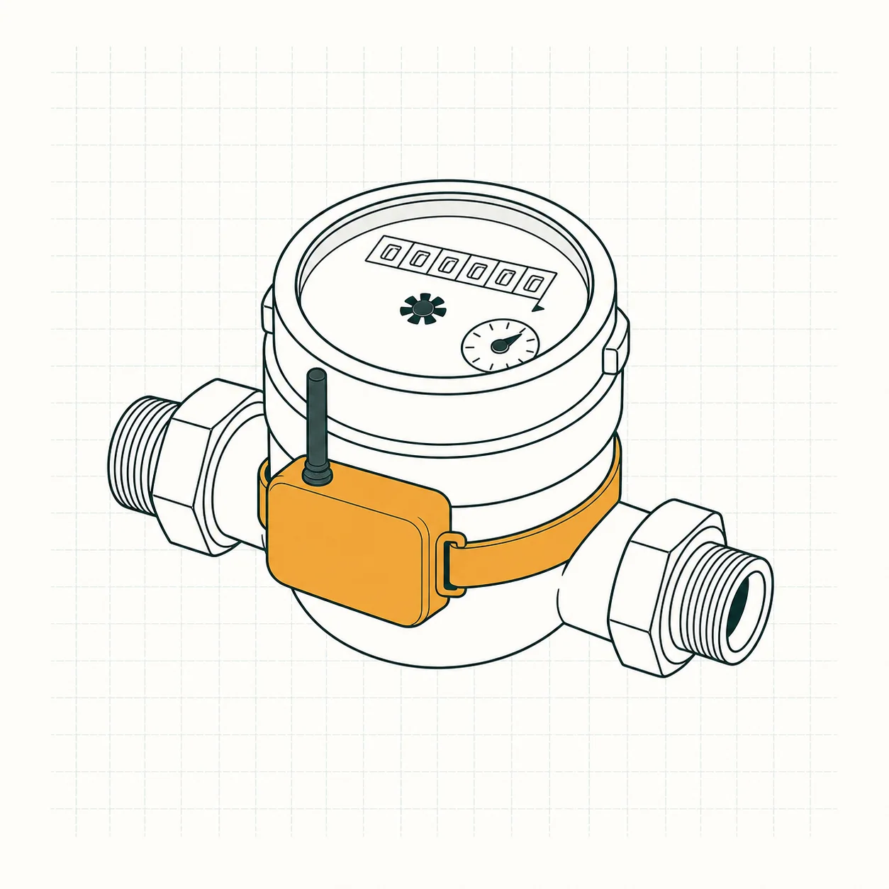 Illustrative water meter with strap-on flow monitor